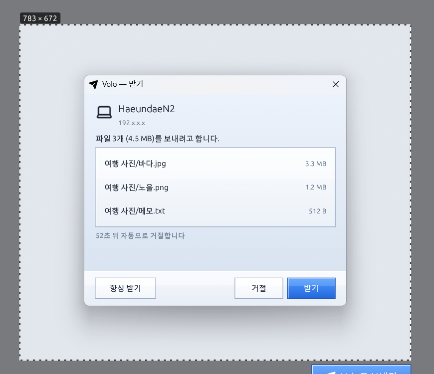 영역을 고른 모습 — 점선 테두리, 크기, 파란 버튼